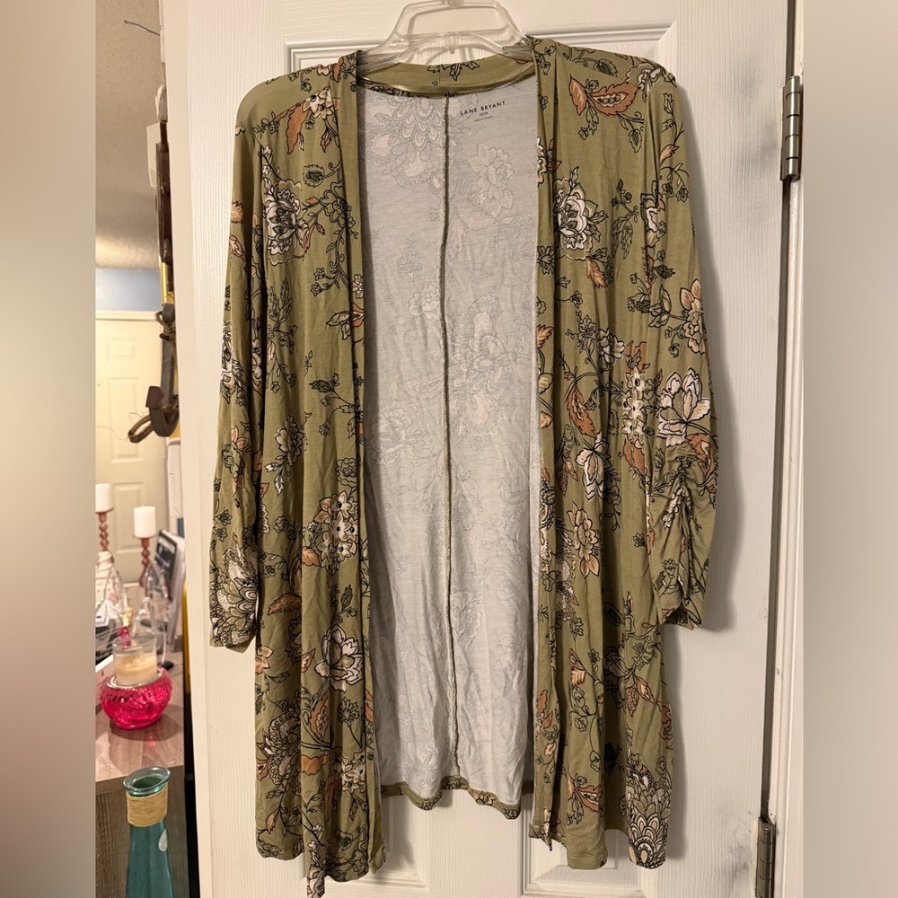Lane Bryant Olive Floral Open-Front Duster Cardigan